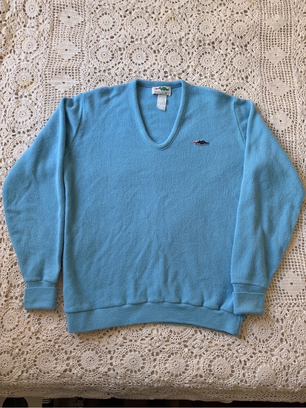 Vintage Sears Light Blue Knit Men’s Sweater with Dragon Tag